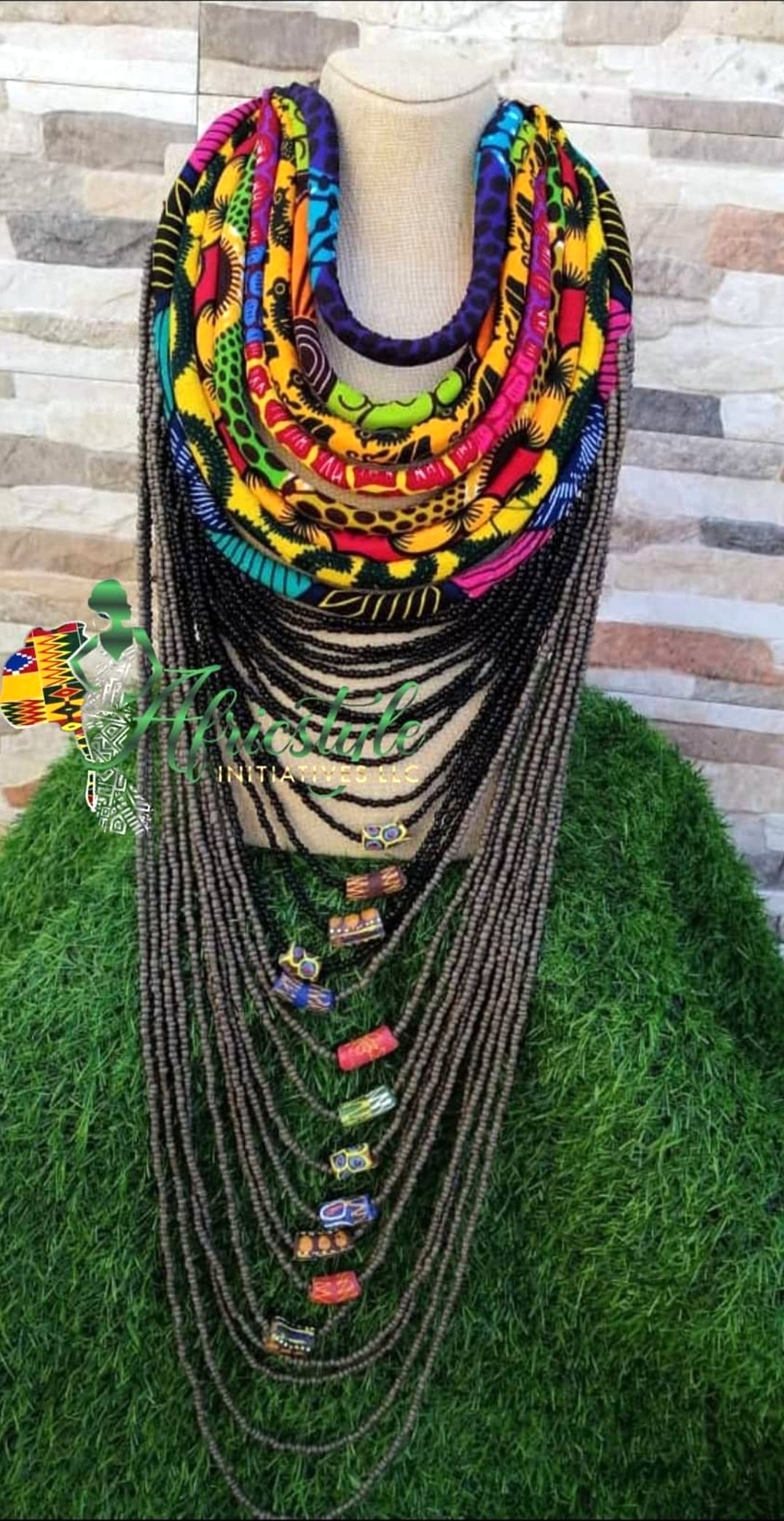 African Print Corded Beaded Necklace