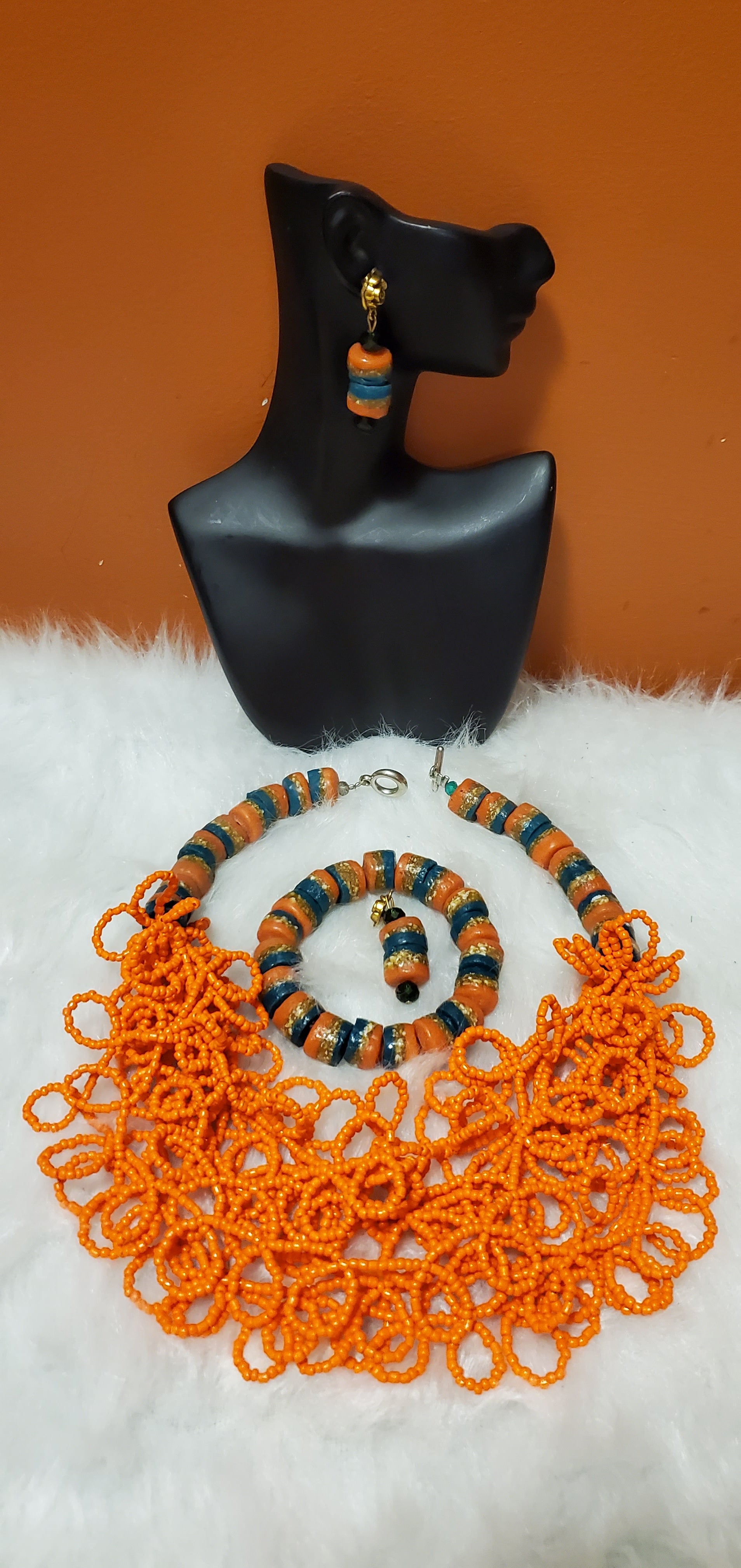 Two Tone Green And Orange Beads Set