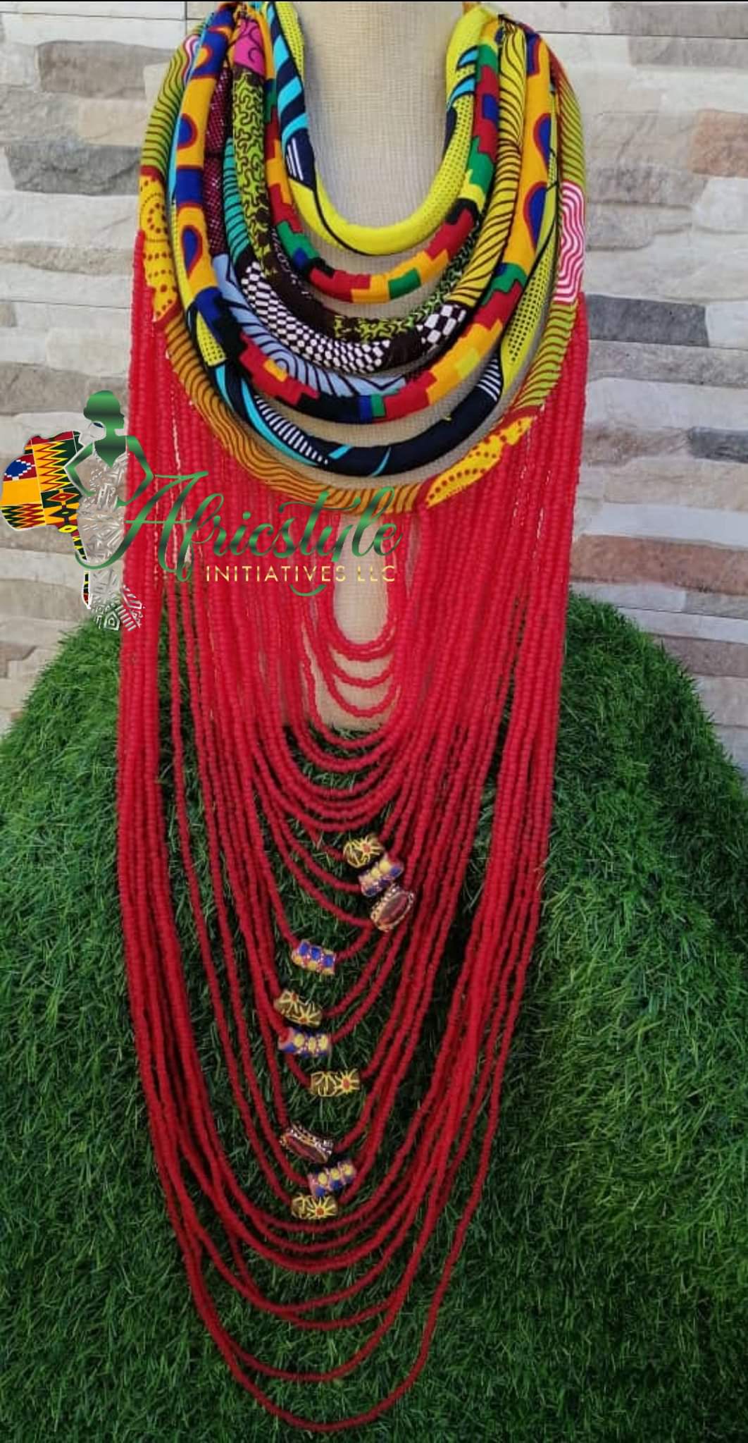 African Print Corded Beaded Necklace