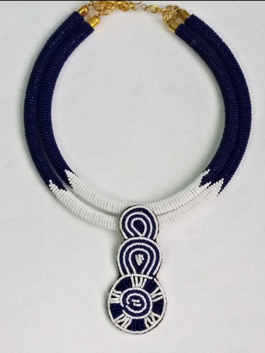 Blue And White Double-Row Fine Bead Choker