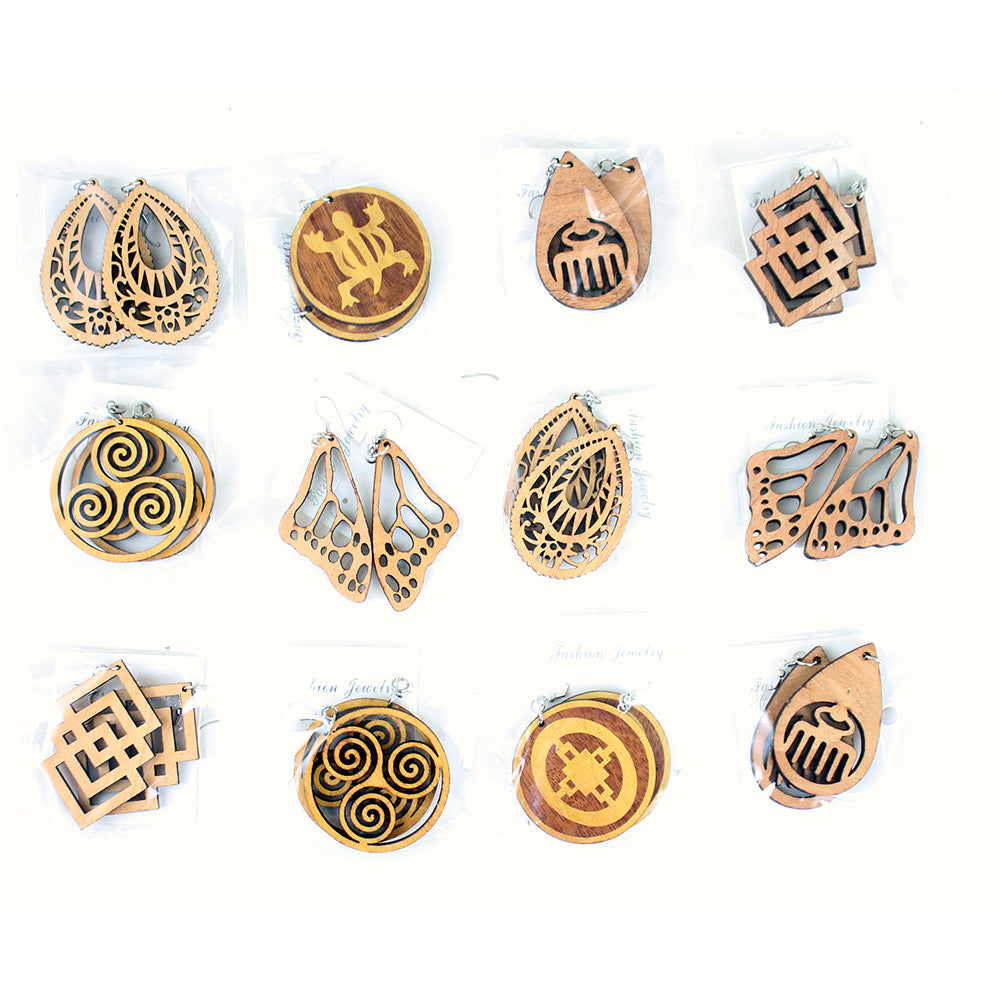 Set Of 12 Wooden Adinkra Earrings