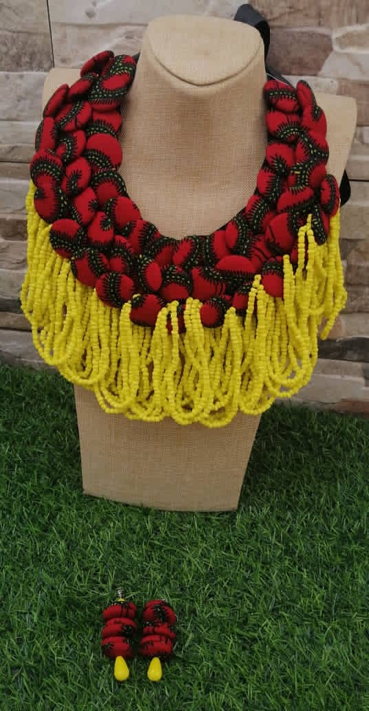 African Print Beaded Buttons Necklace
