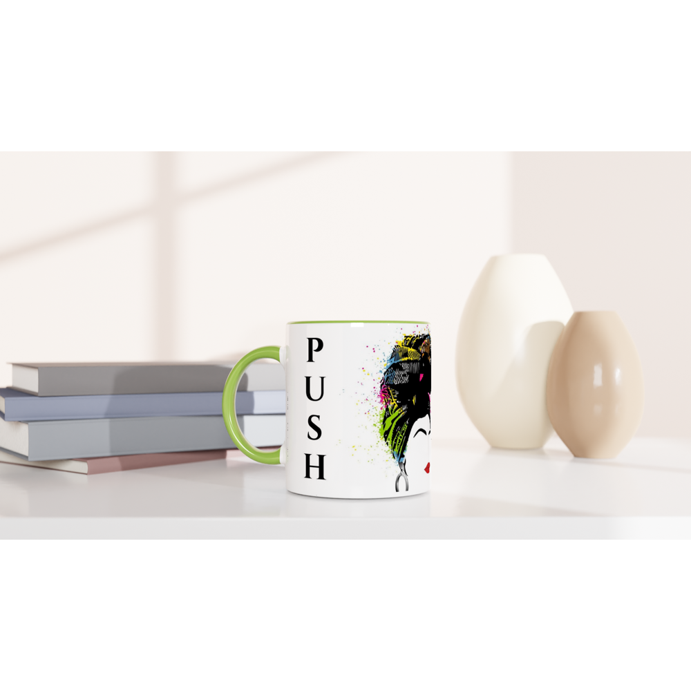 PUSH - White 11oz Ceramic Mug with Color Inside